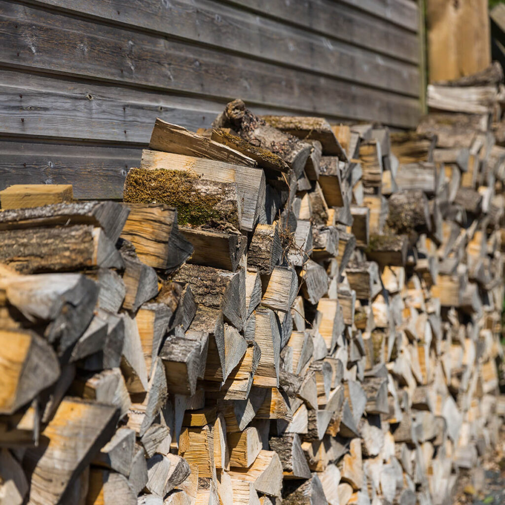 a log pile stacked against a wood panelled outbuilding