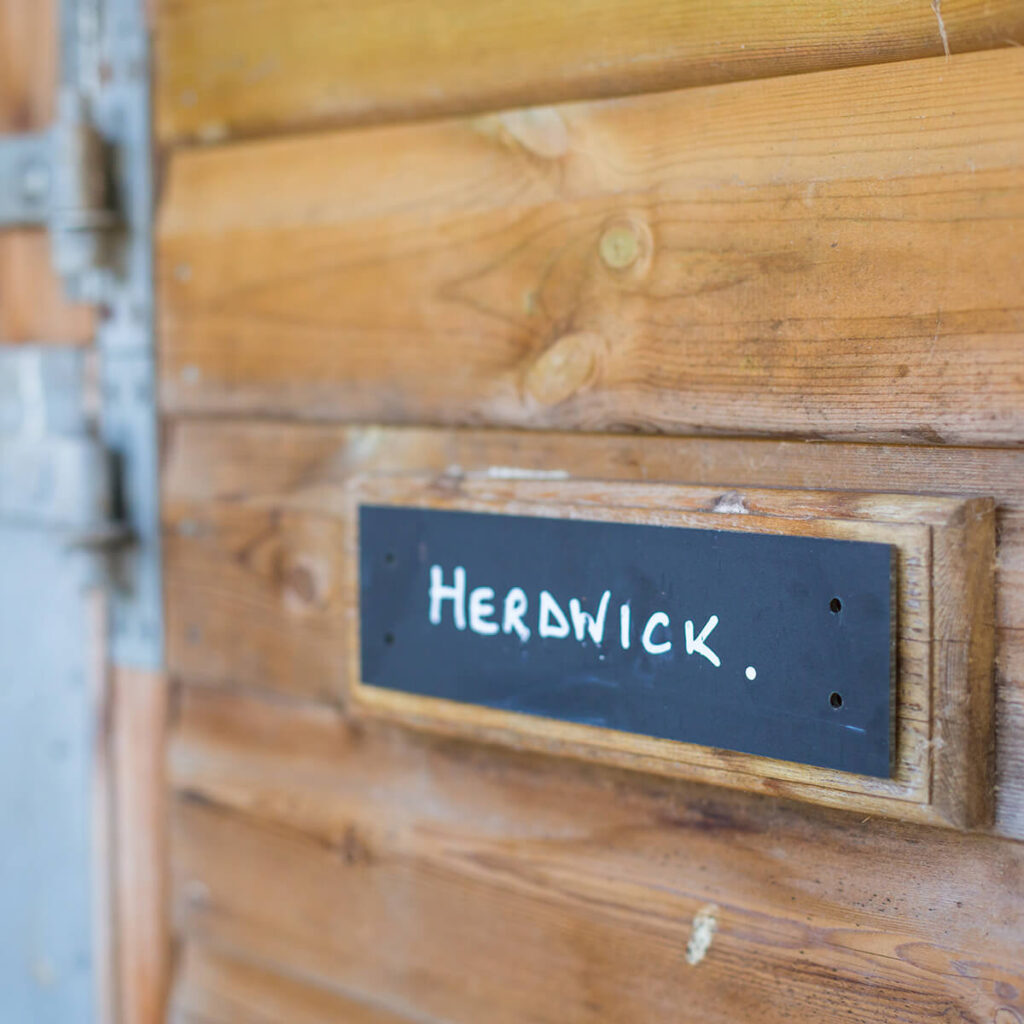 a black slate sign srewed to a stable with the name Herdwick written on it in white marker