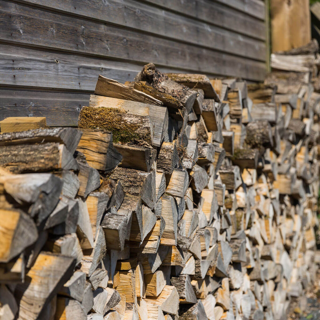 a log pile stacked against a wood panelled outbuilding